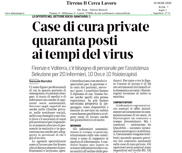 quojobis's tweet photo. A #Firenze e #Volterra selezioniamo #Infermieri, Operatori Socio Sanitari e #Fisioterapisti. Ne parla anche #iltirreno https://t.co/OlyZ55ruZa #news #jobsearch #cercolavoro #sanità #covid19 #emergenzasanitaria #oss #anziani #apl #COVID19italia #coronavirusitalianews https://t.co/ghYtVi3aS3