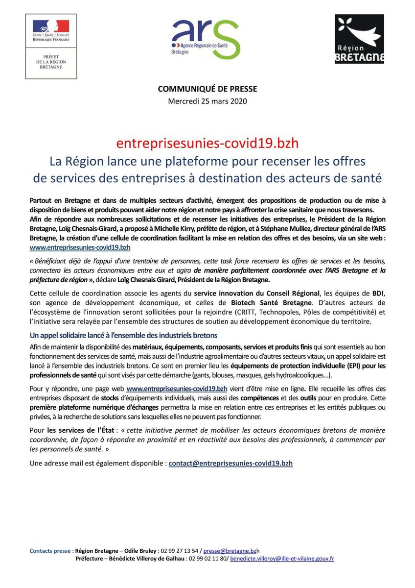 La <a href="/regionbretagne/">Région Bretagne</a> lance une plateforme pour recenser les offres de services des entreprises bretonnes (fabrication ou stocks de masques, de gel...) à destination des acteurs de santé en accord avec <a href="/bretagnegouv/">Préfet de Bretagne et d'Ille-et-Vilaine</a> et L’agence régionale de santé ➡️ entreprisesunies-covid19.bzh
