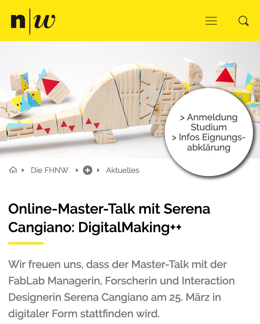 almostserena's tweet image. Today at 18:00 Digital Making ++ Open talk with @almostserena fhnw.ch…/a…/mastertalk_serena-cangiano@hgk_fhnw #hgkbasel @fablabsupsi #integrativedesign @maindmastersupsi Zoom room.us/j/336633416

fhnw.ch/de/die-fhnw/ho…