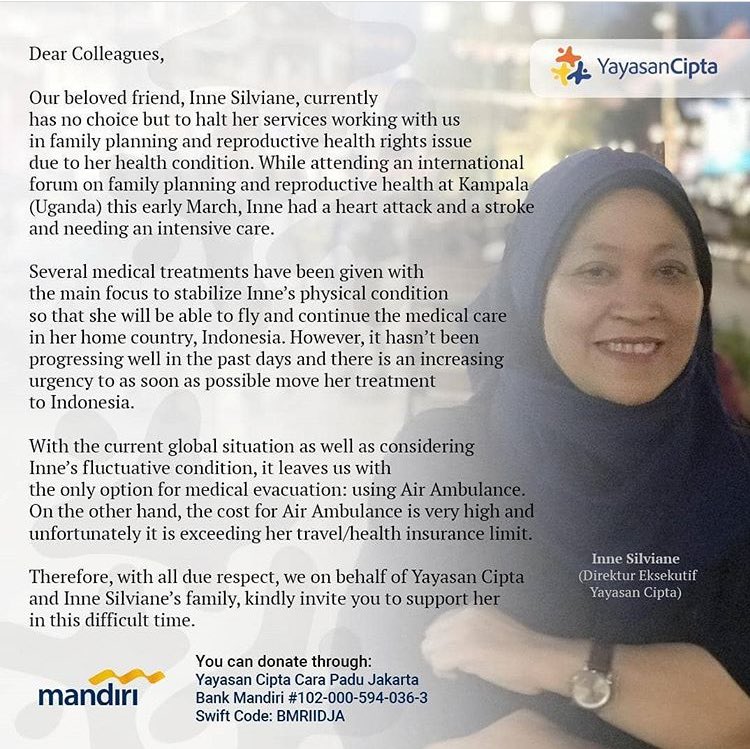 commUI10's tweet image. Teman2 #comm10 yg baik, selain corona yang sedang wabah, sahabat kita @falahmaulida jg sedang membutuhkan bantuan. Yuk kita bantu Falah&amp;amp;suami agar bisa melanjutkan perawatan ibunda yg sudah 3 minggu berada di ICU di Uganda. Insyaa Allah keinginan Falah &amp;amp; suami dpt segera terwujud