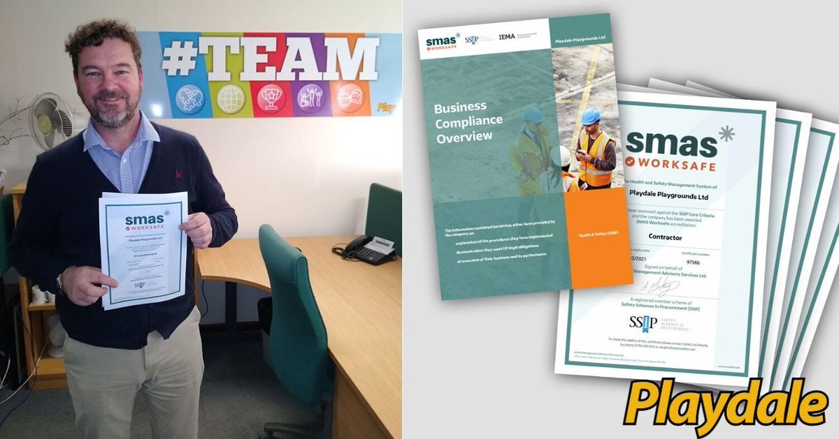 Playdale's tweet photo. Our HSQE Manager Dave was pleased to receive our renewed @SMAS_Worksafe certificate of accreditation up to Principal Designer level. The accreditation recognises our ongoing commitment to Health and Safety within the playground industry. #ExcellenceIsEverything https://t.co/H1Q9VufIhU