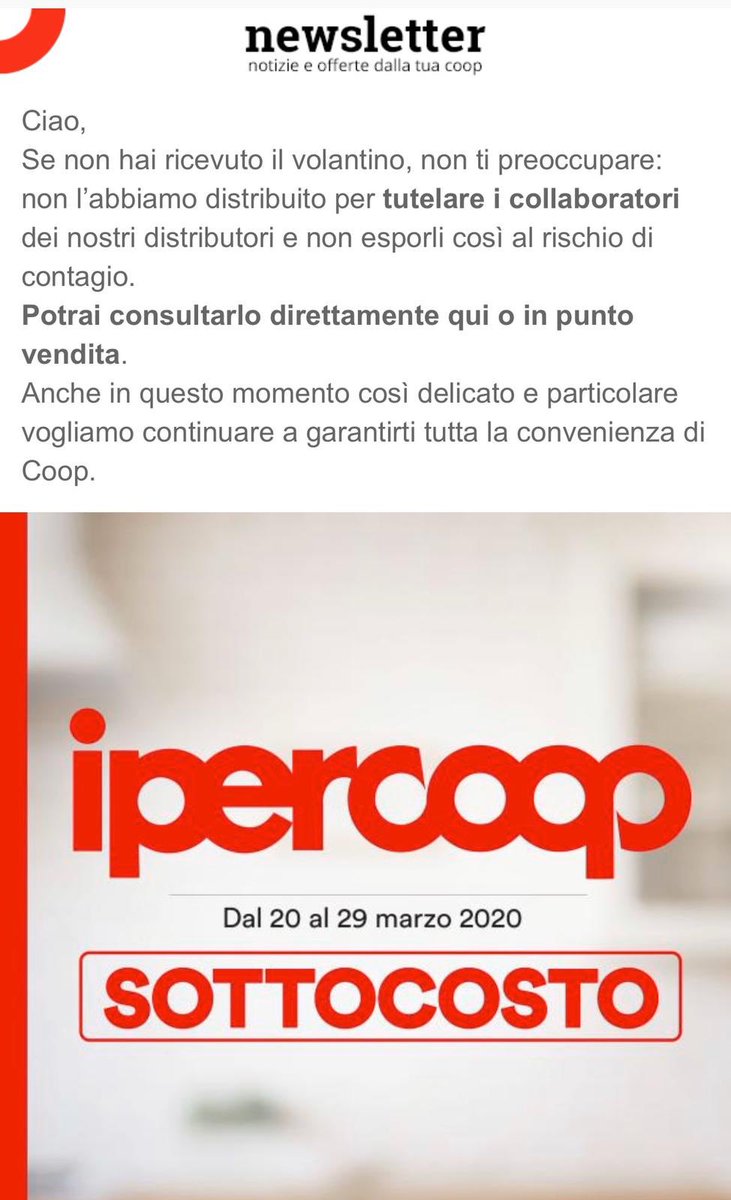 Probabilmente , anzi sicuramente , @Coop_Lombardia non è L unica catena che ha interrotto la distribuzione dei volantini ( e forse sarebbe bene anche non stamparne )! Oggi è il momento che queste #bestpractices della #GDO vengano fatte conoscere!   <a href="/Federdis/">Federdistribuzione</a> <a href="/gsantambrogio1/">Giorgio Santambrogio</a>