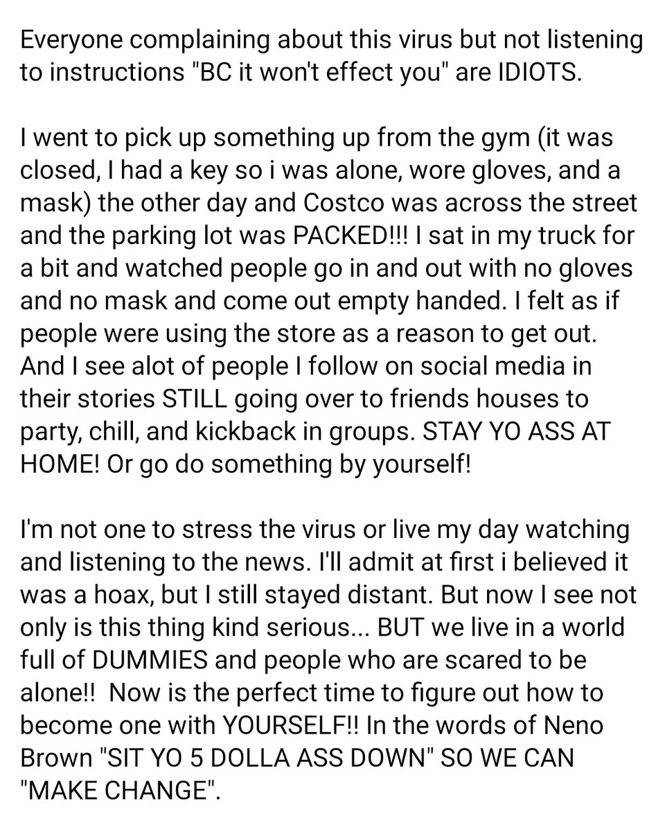 CoreyA_MMA's tweet photo. A BUNCH OF DUMMIES!
And if you reading this and think I'm talking about you.... I AM!
#selfish #dummies #Coronavirus #sadworld #generationofidiots #idiots #stayhome https://t.co/8mXZayQUgI