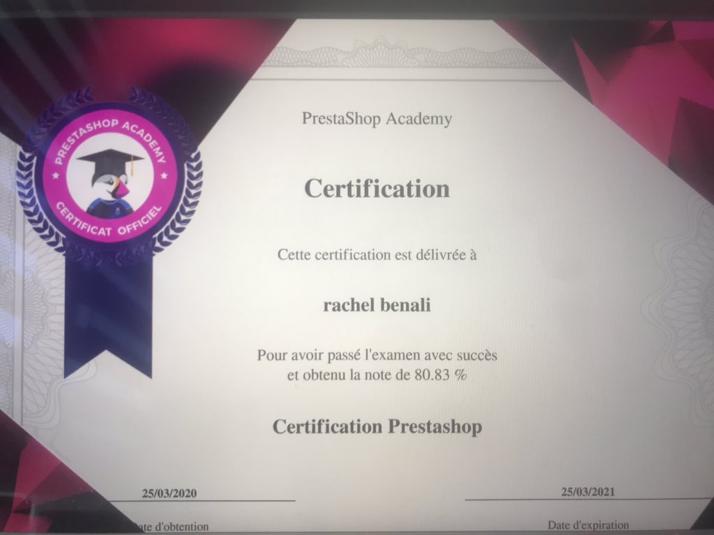 BenaliRachel's tweet photo. Go lancer mon site e-commerce ! ✅ merci au #mbadmb de nous donner l’opportunité de passer la certification #prestashop et valoriser nos CV. Merci également à notre intervenant @EmericRiveau qui a su nous transmettre les connaissances nécessaires à la réussite de celle-ci 💪👩🏽‍🎓 https://t.co/yRUfxfM8ji