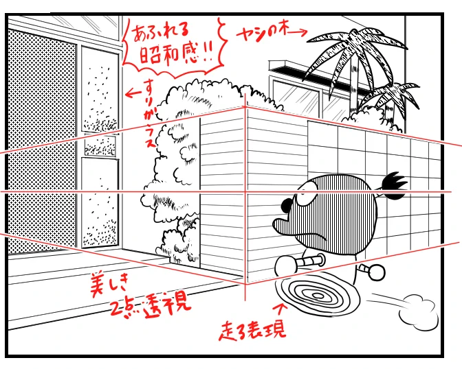 模写す。溢れる昭和感と美しい二点透視にグッとくる。コロ助かわいい。 