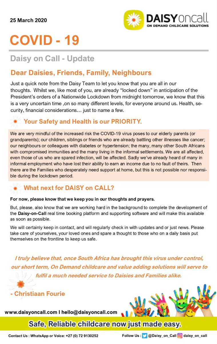 Dear Daisies, Friends, Families &amp; Neighbours please take care and stay safe during the 21 day lockdown. I believe that we will get through this trying times stronger as individuals and as a Country. <a href="/C_Fourie1/">Christiaan Fourie</a>
