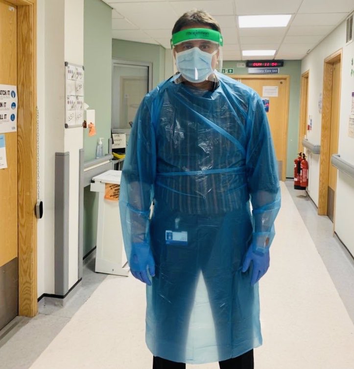8/3.  @nora17 writes: “This is my husband, Dr Firas Majeed, who is working in a  #Covid19 ward and about to examine a patient dying from  #Coronavirus.Look at this rubbish he is wearing!It’s disgraceful!Even doctors dealing directly with dying patients don’t have proper PPE.”