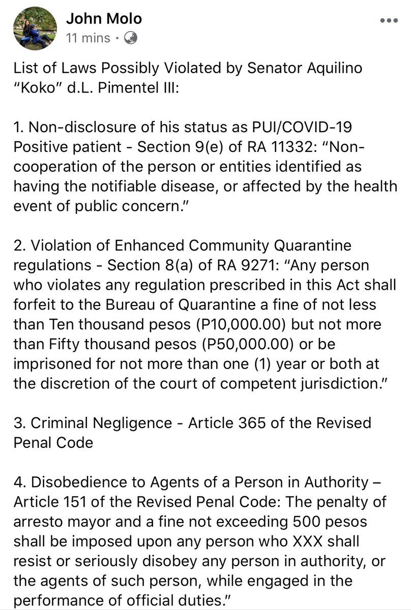 jesusfalcis's tweet photo. UP Constitutional Law Professor John Molo lists down the laws possibly violated by Senator Koko Pimentel:

#KokoVID19 https://t.co/eOlECYUDlJ