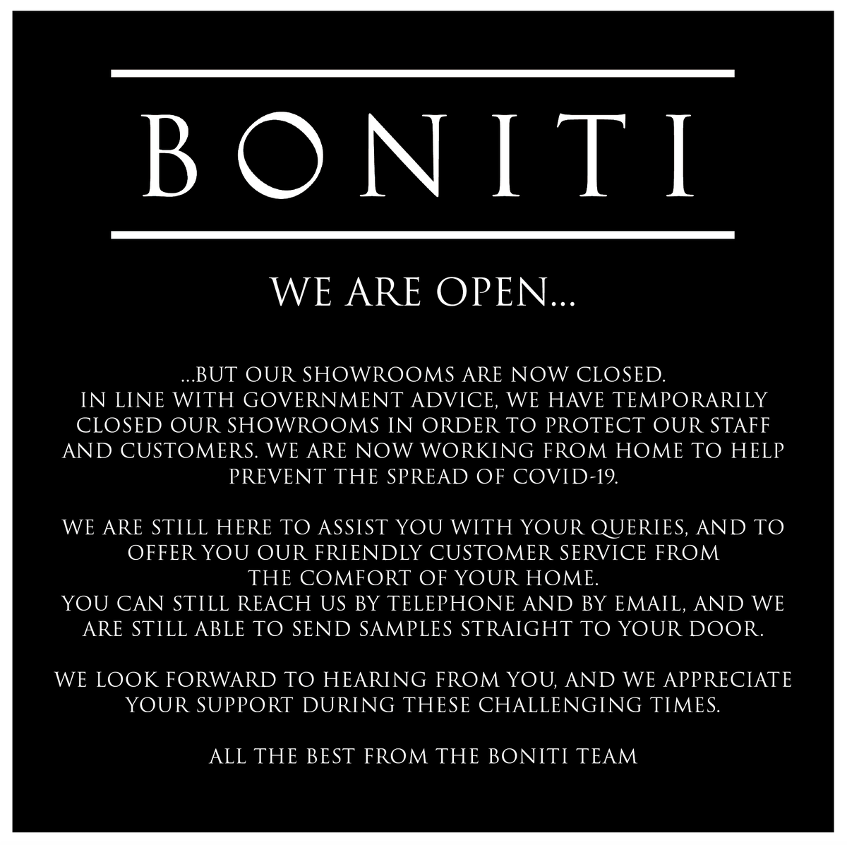 Boniti_'s tweet photo. We are open! 🖤🤍🖤
After the announcement on Sunday, we have made the decision to close our showrooms until further notice. We're still available to help with queries and plan for future projects, just give us a call! https://t.co/Mjxl3MiKUa