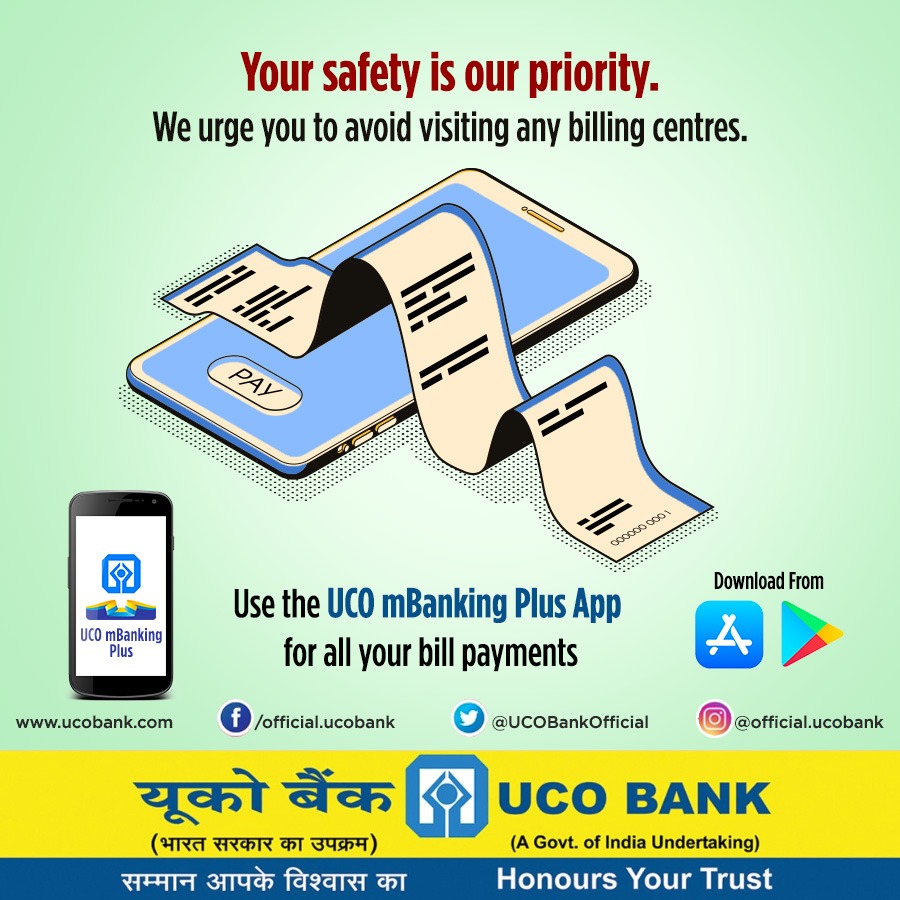 UCOBankOfficial's tweet photo. #UCOBank requests You to stay at home because #India is Banking on you. Manage all your Bill payments 24x7 with UCO #MBankingPlus Mobile App. Download now: https://t.co/B4yb2gxxHv
Or call UCO Sampark @ 1800-274-0123
#StayHomeStaySafe
@DFS @RBI @PMO @IBA @NPCI @MoHFW_INDIA https://t.co/L8CRfw6G9K