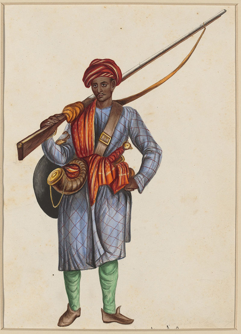 A Mughal sepoy, under the command of Mirza Najaf Khan.The term sepoy is derived from the Persian word sepāhī (سپاهی) meaning the traditional "infantry soldier" in the Mughal Empire.