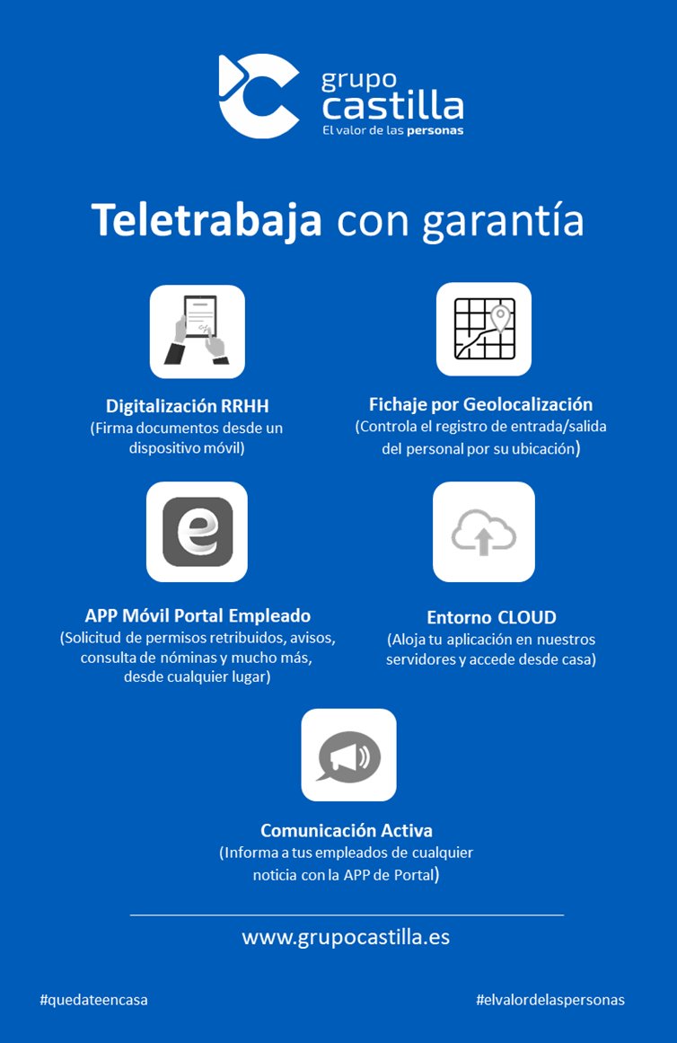 GrupoCastilla's tweet photo. 📢Queremos ponértelo más fácil estos días. #Teletrabaja con garantía con nuestro software de gestión integral de #RRHH. ¡Descubre todas sus posibilidades!  

CONTÁCTANOS: 

☎902 021 022  

🖥️https://t.co/zvOWOOJbDE  

📧info@grupocastilla.es  

#estevirusloparamosjuntos https://t.co/cuya2b4Yrt