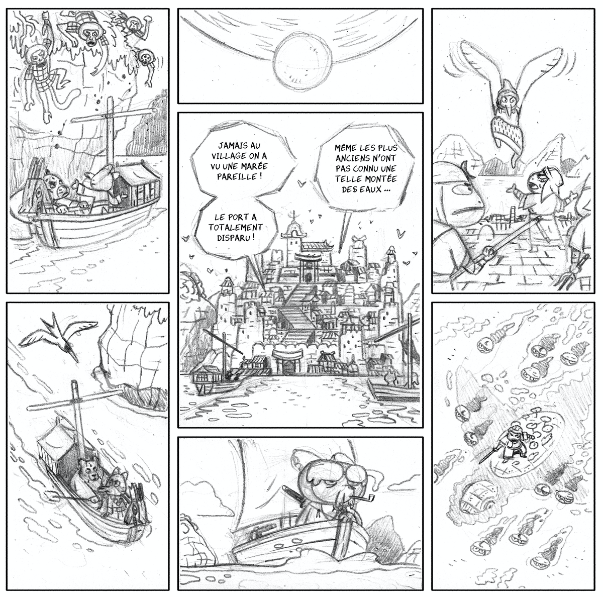 "Manji", de Mathieu Demore au dessin, et @FabienGrolleau au scénario - crayonnés et recherche couleurs - à paraître @EditionsDargaud quand on pourra...