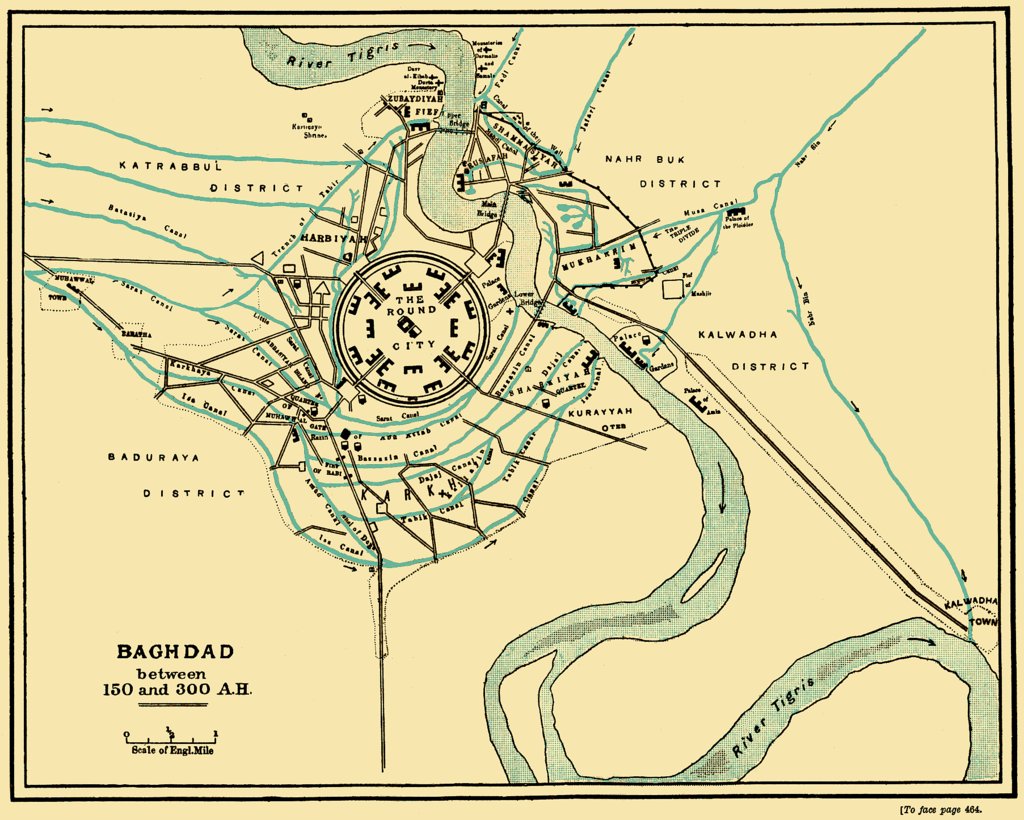 The city of Baghdad between 150 and 300 AD. Notice the circular form of the city. Baghdad was founded following a tradition pre-Islamic Iranian urban model.