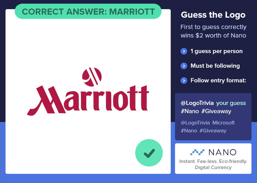LogoTrivia's tweet photo. @XRPHOLDR Winner, Winner! Correct answer was: Marriott. @NanoTipBot !tip $2 @XRPHOLDR https://t.co/HSyMi6RWtc