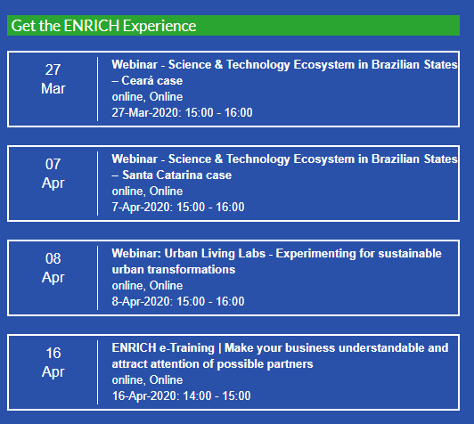 ENRICH_in_LAC's tweet photo. #SMEs, #StartUps and #Entrepreneurs! Fill up your calendar with our upcoming webinars to gain insights on things such as the #Science and #Technology ecosystem in #Brazil, experimenting for #sustainable urban transformations and more!🇧🇷💻

https://t.co/ziIXZeC05N. https://t.co/KOkTj881DB