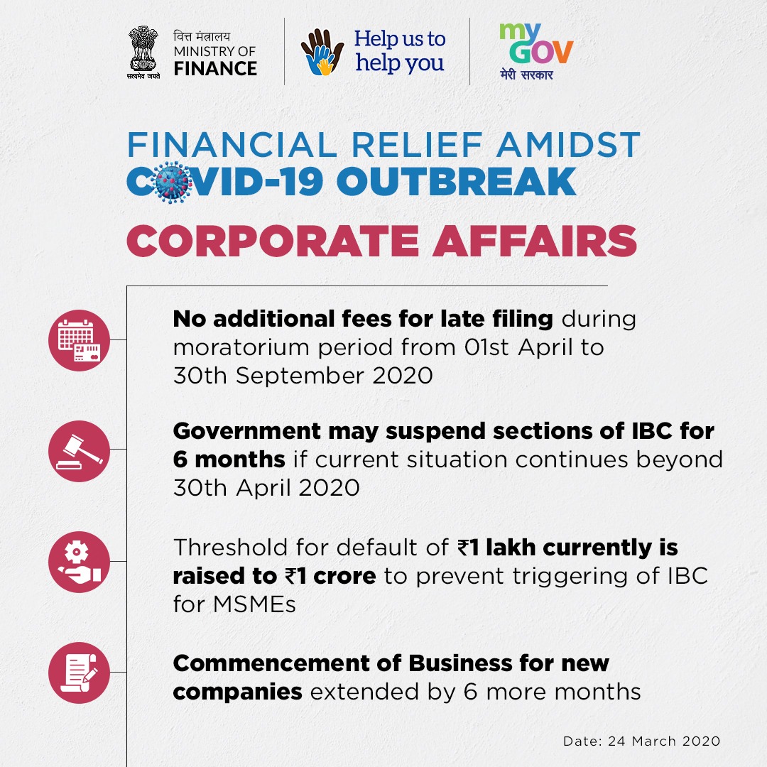rsprasad's tweet photo. Due to #COVID19outbreak, the Govt has provided some financial relief measures which includes extension of important deadlines, reduction in the delayed payment interest.
Relief in line with GST/Indirect Tax &amp;  decisions regarding different facets of Corporate Affairs. https://t.co/Xh7VDKRUVk