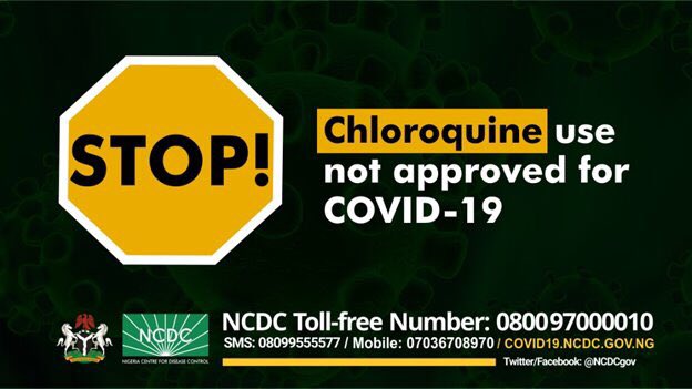 #COVID19Nigeria Please remember that the use of chloroquine and its derivatives for the management of coronavirus disease has NOT been validated and approved Self-medication can cause harm and lead to death. Do not misuse drugs More details via covid19.ncdc.gov.ng
