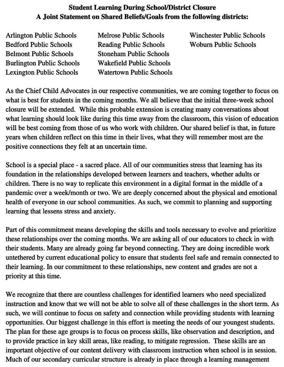 KrisAndersonTV's tweet photo. If you live in Arlington, Bedford, Belmont, Burlington, Lexington, Melrose, Reading, Stoneham, Wakefield, Watertown, Winchester or Woburn - here is a joint statement from school district leaders. https://t.co/QyB9J1Sz0P