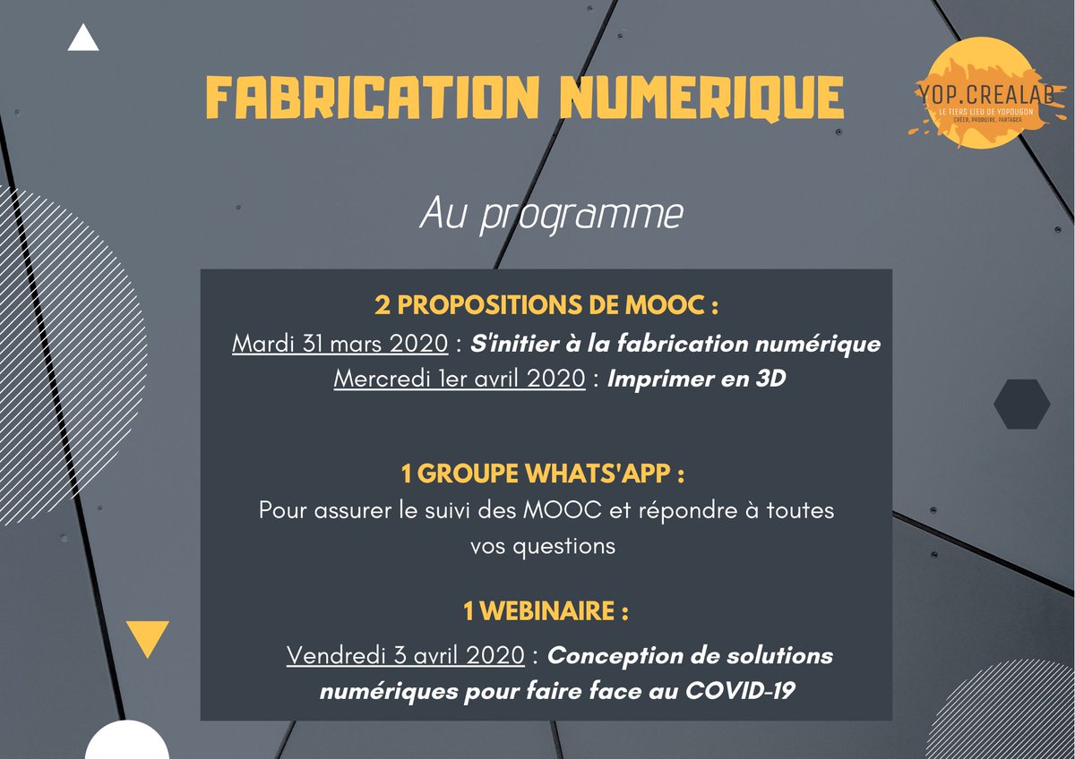 Le YOP.CREALAB réorganise ses activités face au contexte sanitaire actuel. 
Chaque semaine, il sera question d'explorer en ligne des thématiques autour du numérique, des arts culturels, de l'environnement et bien d'autres sujets ! Plus d'infos sur notre FB bit.ly/2Ujosj6