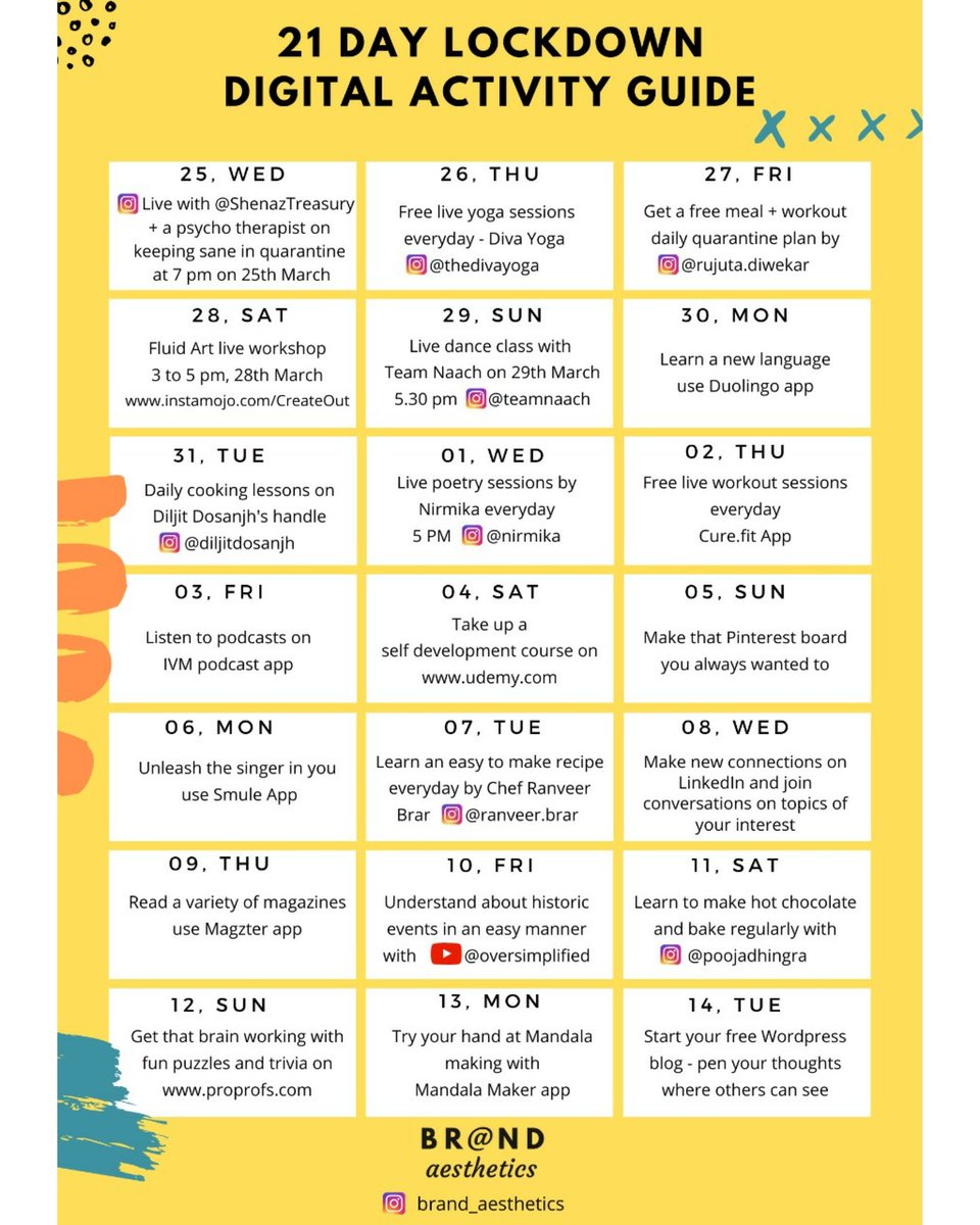 BrandAesthetics's tweet photo. We got you covered for your quarantine days. Make the most of your screen time with our 21 day lockdown digital activity guide.
Visit this link to download the PDF version- https://t.co/RM7xThQ6h9
#Lockdown21 #21daylockdown #COVID2019 #QuarantineLife #coronavirus #BrandAesthetics https://t.co/nvDfO6uQ3T