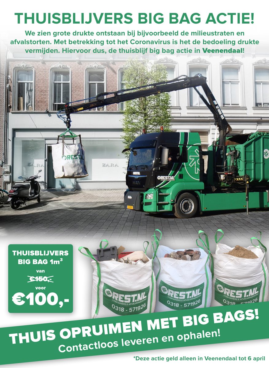 U kunt nog tot 6 april gebruik maken van de Thuisblijvers big bag actie!

Thuis aan de klus in deze periode? om het thuiszitten wat dragelijker te maken hebben wij de Thuisblijvers big bag actie t/m 6 april!

Geheel contactloos geleverd, en opgehaald! 

rest.nl/thuisblijvers-…