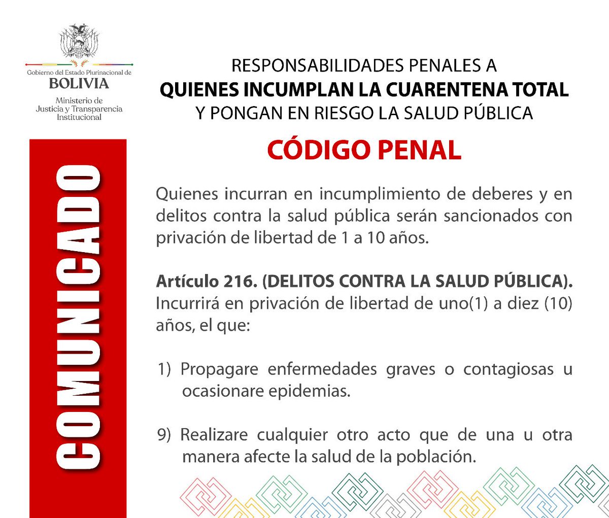JusticiaBol's tweet photo. #URGENTE
Porque la salud de todos es primordial, el Ministerio de Justicia y Transparencia institucional comunica que las personas que incumplan la cuarentena total serán sancionadas con la privación de libertad de 1 a 10 años por incurrir en delitos contra la salud pública. https://t.co/GIR1C6ZEYj