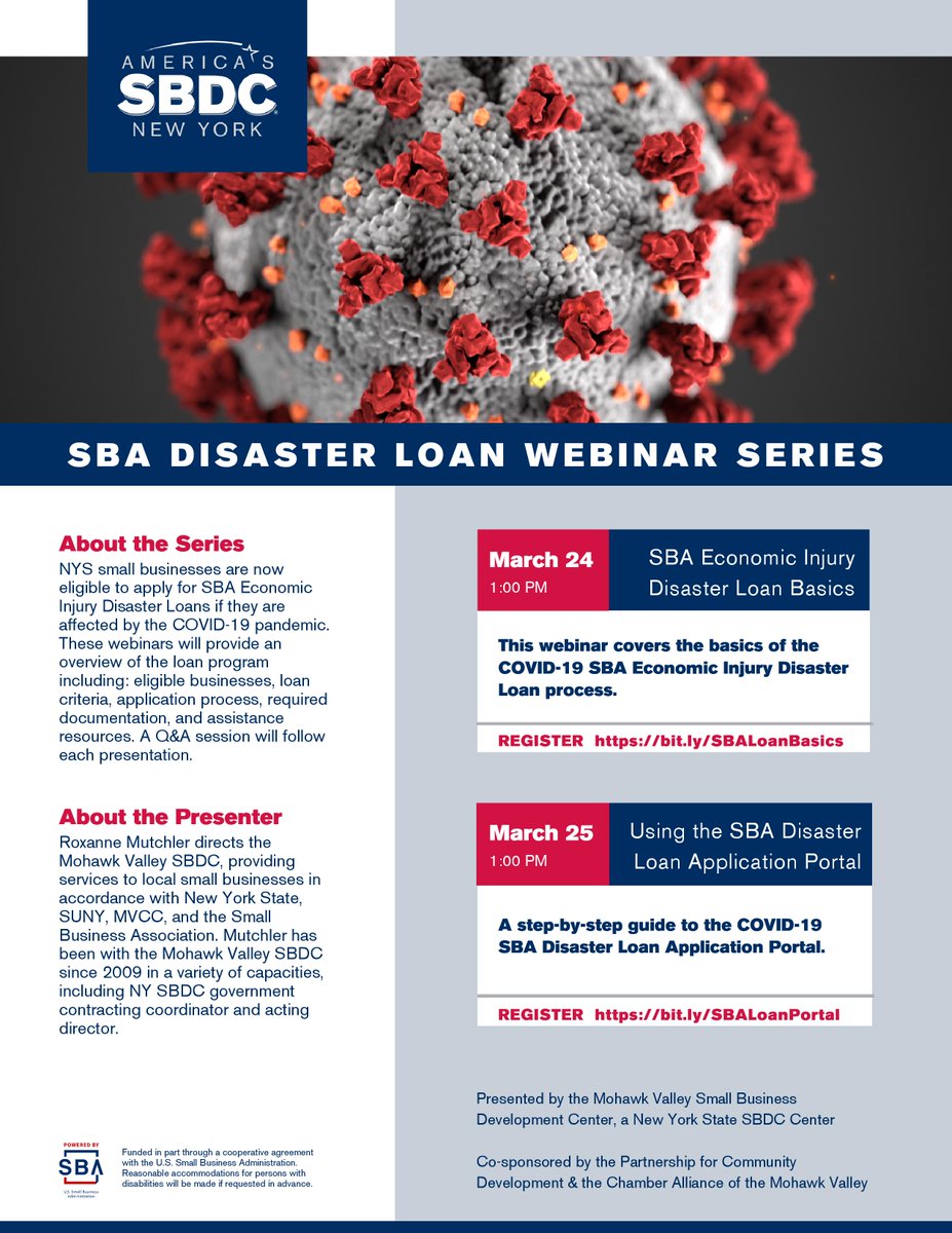 FishkillTownNY's tweet photo. Businesses in New York State are now eligible to apply for SBA Economic Injury Disaster Loan. A webinar on March 25 at 1pm will teach business owners how to apply for the aid they need. https://t.co/QyG8QslWtv