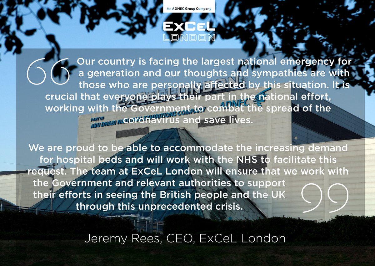 .<a href="/NHSuk/">NHS</a> Nightingale opens at ExCeL London next week. 

We will work with all of the relevant authorities to help see Britain through this unprecedented crisis.

Read more here: excel.london/news/excel-to-…

Stay safe and follow all of the advice.
