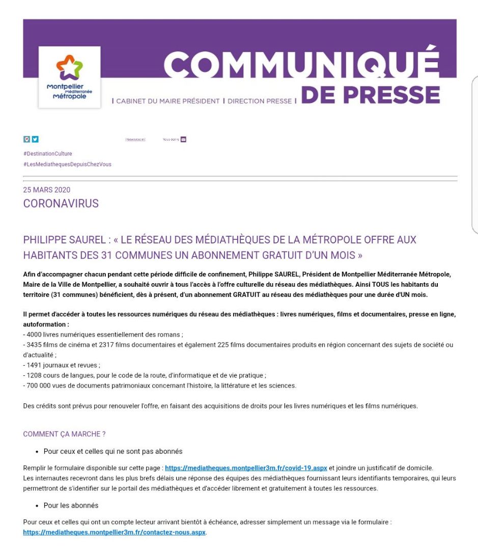 Philippe Saurel (@phil_saurel) on Twitter photo Culture accessible et gratuite pendant un mois pour tous les habitants des 31 communes de la métropole grâce au réseau des médiathèques.
Unanimité en conférence des maires.
<a href="/Montpellier3m/">Montpellier Métropole</a> #Montpellier #CoronaPandemie <a href="/travier_b/">Travier Bernard</a> <a href="/isabelmarsala/">isabelle marsala</a> Culture accessible et gratuite pendant un mois pour tous les habitants des 31 communes de la métropole grâce au réseau des médiathèques.
Unanimité en conférence des maires.
<a href="/Montpellier3m/">Montpellier Métropole</a> #Montpellier #CoronaPandemie <a href="/travier_b/">Travier Bernard</a> <a href="/isabelmarsala/">isabelle marsala</a>