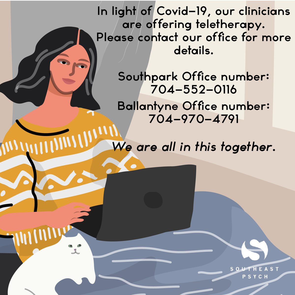 Mecklenburg County has executed a stay at home proclamation until April. With that being said, Southeast Psych is offering teletherapy at both of our North Carolina Locations. Call us today for more information!  
#StayAtHomeOrder