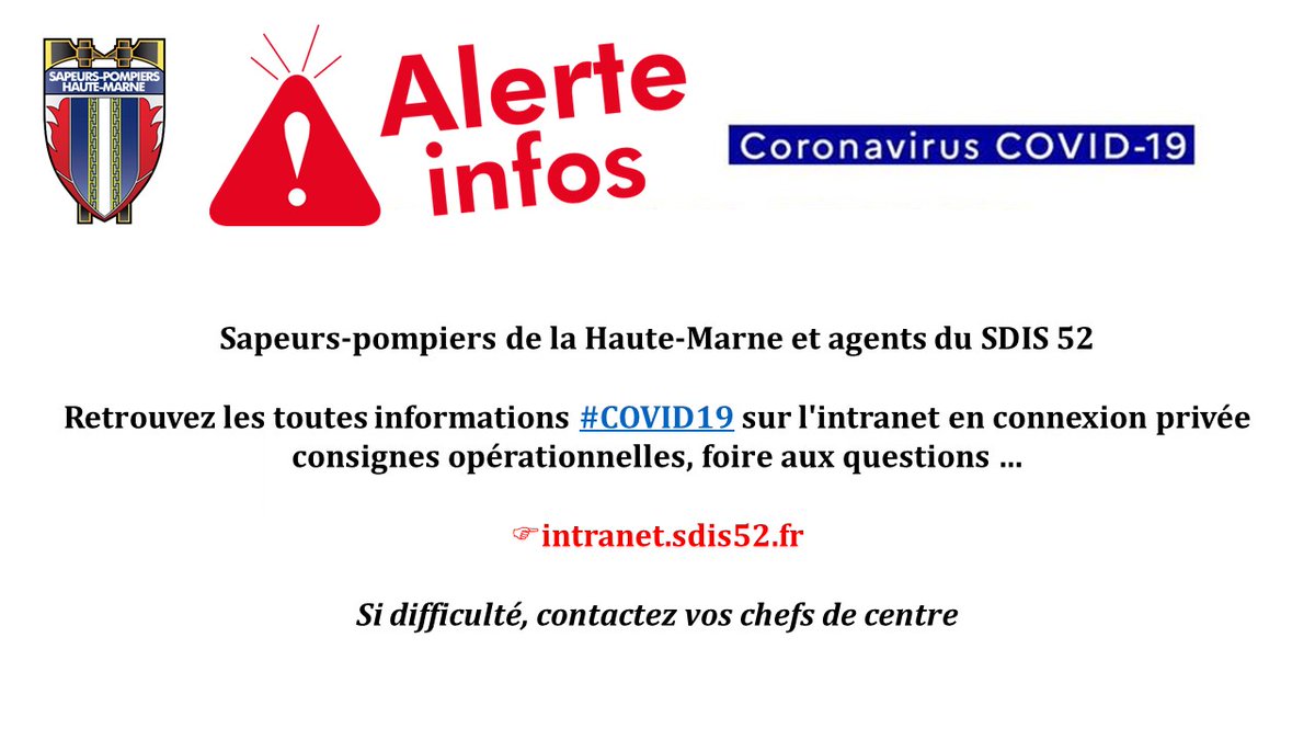 ⚠️ SPP SPV et PATS du #SDIS52

➡️ rendez-vous sur intranet : intranet.sdis52.fr

Consignes opérationnelles mises à jours, foire aux questions ... 

Si difficulté, contactez vos chefs de centre