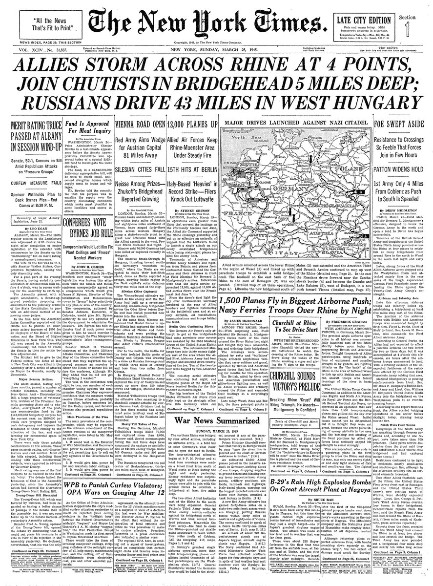 March 25, 1945: Allies Storm Across Rhine at 4 Points, Join Chutists In Bridgehead 5 Miles Deep; Russians Drive 43 Miles in West Hungary  https://nyti.ms/2xZUd8f 