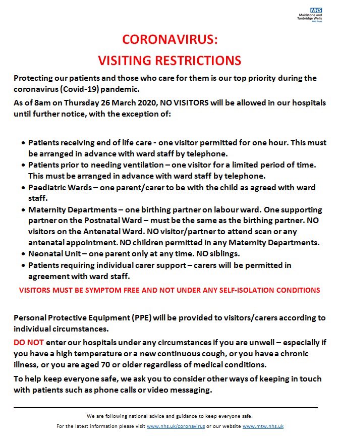 PLEASE RT: To help keep everyone safe, from 8am on Thu 26 Mar, no visitors will be allowed into our hospitals until further notice apart from those outlined in our poster below. 👇

We ask you to work with us &amp; help protect our patients &amp; staff. ❤️

More: mtw.nhs.uk/2020/03/latest…