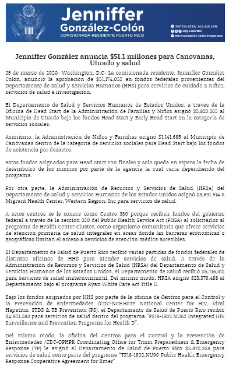 RepJenniffer's tweet photo. Nueva asignación de $51.1 millones en fondos federales a los municipios de Canóvanas y Utuado, el @DeptSaludPR y el Recinto de Ciencias Médicas (UPR) para servicios de cuidado a niños, servicios de salud e investigación. ⬇️ https://t.co/aAYyfGzbDd