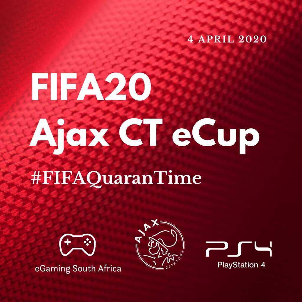 CapeTownSpursFC's tweet photo. 🎮| Join the FIFA20 Ajax CT eCup on 4 April 2020! 

Support the fight against COVID-19 by donating to our relief fund. 

For more details: https://t.co/5wk8wxq9Z2

#FIFAQuaranTime #Covid19SA https://t.co/3E4MCjhDca