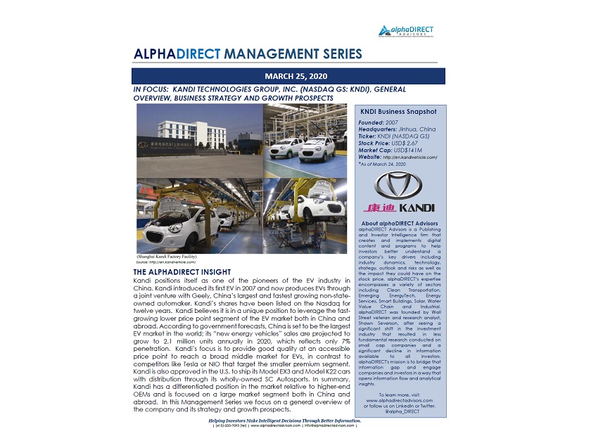alpha_DIRECT's tweet image. alphaDIRECT Discusses Kandi Technologies and its Business Strategy and Growth Prospects with CEO Mr. Hu Xiaoming $KNDI #ElectricVehicles #EVs #renewables #greenenergy alphadirectadvisors.com/managementseri…
