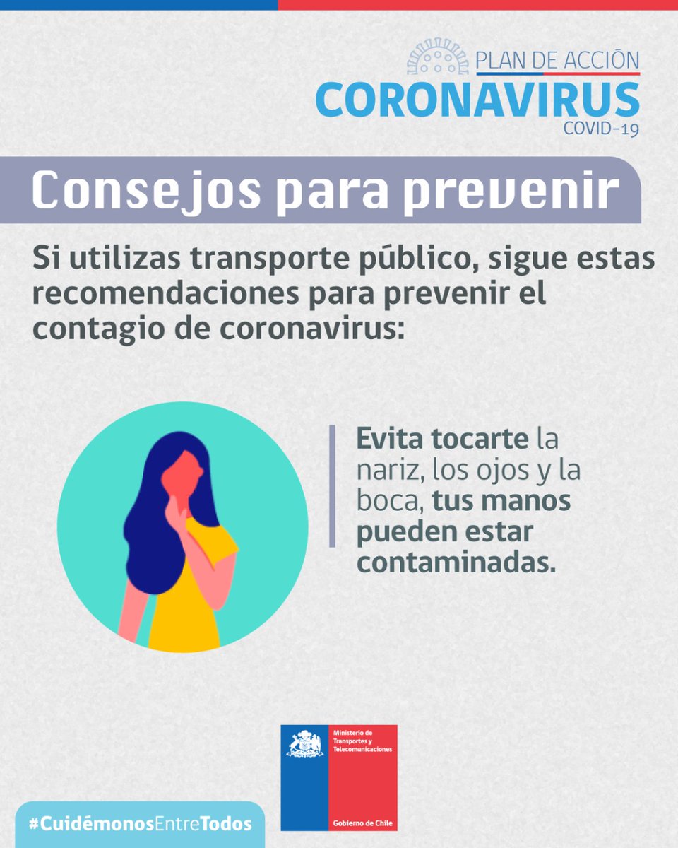 Transantiago's tweet photo. #CuidémonosEntreTodos 
¡Por favor no cuesta nada! Sé riguroso con estos consejos para prevenir contagios si viajas en #TransportePúblico 🙏🏻👐🏻🚿
Recuerda que continúa el plan de sanitización y desinfección de #buses para un viaje seguro 🚌🚿 https://t.co/N7fRqnnOQx