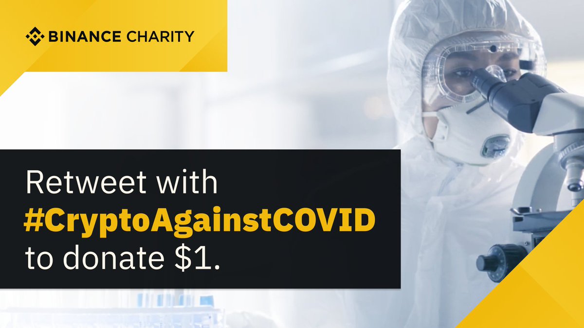 Binance (@binance) on Twitter photo Every retweet of ths post with #CryptoAgainstCOVID = $1 USD donation.
#Binance Charity will donate up to $1,000,000 USD!
If we hit 1 million retweets within 7 days, <a href="/BinanceBCF/">Binance Charity</a> will donate an extra $1,000,000 USD!
Lets go!
You can also donate here:
bit.ly/CryptoAgainstC… Every retweet of ths post with #CryptoAgainstCOVID = $1 USD donation.
#Binance Charity will donate up to $1,000,000 USD!
If we hit 1 million retweets within 7 days, <a href="/BinanceBCF/">Binance Charity</a> will donate an extra $1,000,000 USD!
Lets go!
You can also donate here:
bit.ly/CryptoAgainstC…
