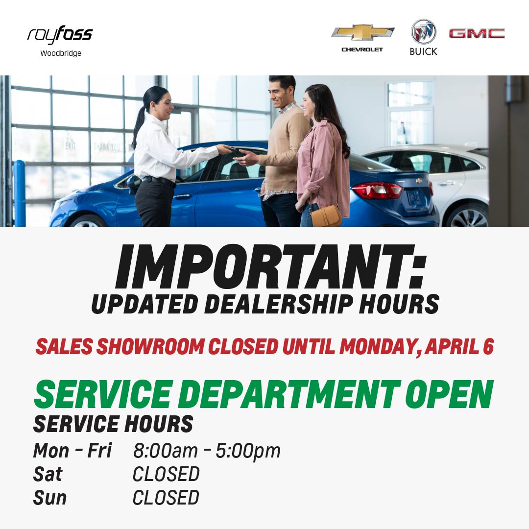 FossWoodbridge's tweet photo. IMPORTANT: Updated Dealership Hours: Service Department Open Mon - Fri 8am-5pm CLOSED Saturday and Sunday. Sales Showroom Closed until Monday April 6th. For more information please visit https://t.co/9WtPfpR33q https://t.co/8rXgp9UNT3