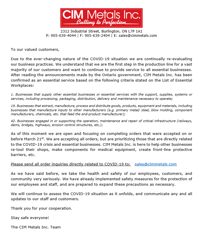 As of this moment we are open and focusing on completing orders that were accepted on or before March 21st. 

We are accepting all orders, but are prioritizing those that are directly related to the COVID-19 crisis and essential businesses.

Stay safe everyone!