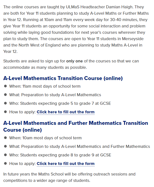 LivMathsSchool's tweet image. New daily online courses for Year 11 students in Merseyside and the North West preparing to study A-Level Further Maths and/ or A-Level Maths next year.  liverpool.ac.uk/mathematics-sc…