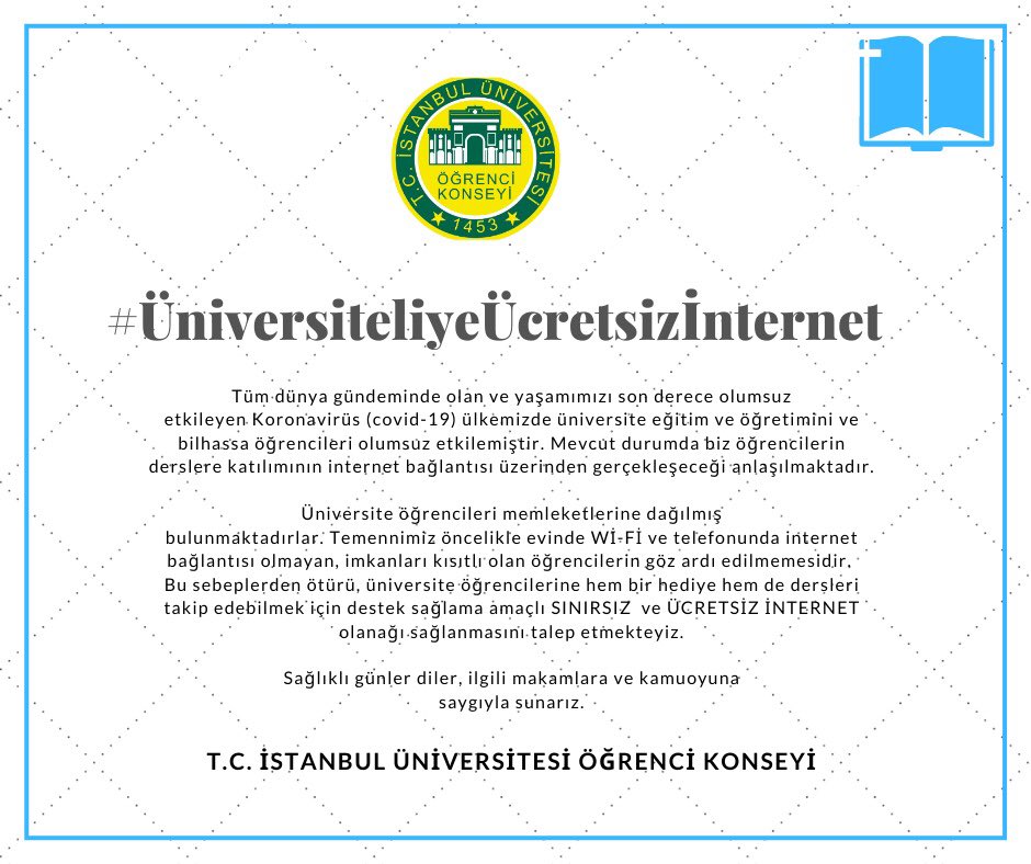 Düzenlediğimiz #ÜniversiteliyeÜcretsizİnternet sosyal medya çalışmamıza bugün 20.00 da bütün öğrenci arkadaşlarımızın desteğini bekliyoruz.