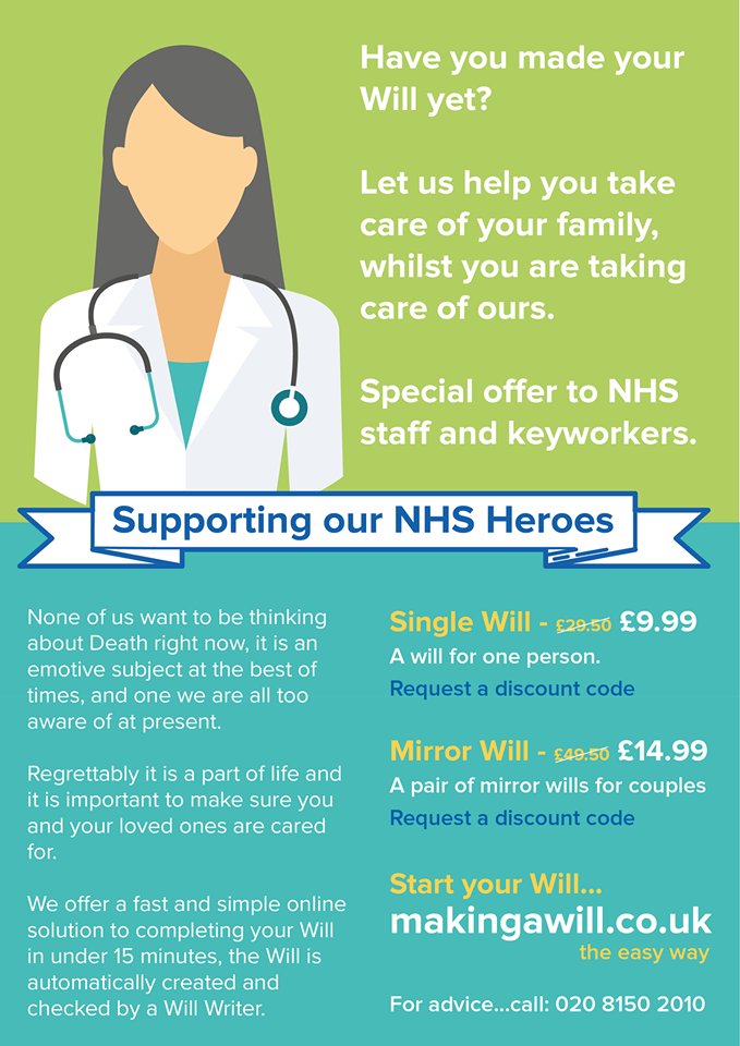 These are concerning times for everyone. Many people may be thinking about making a Will. For this reason we are offering special rates for keyworkers. Rest assured we need not visit you, our service is fully automated. More info here: mailchi.mp/5d7953b462f9/n…