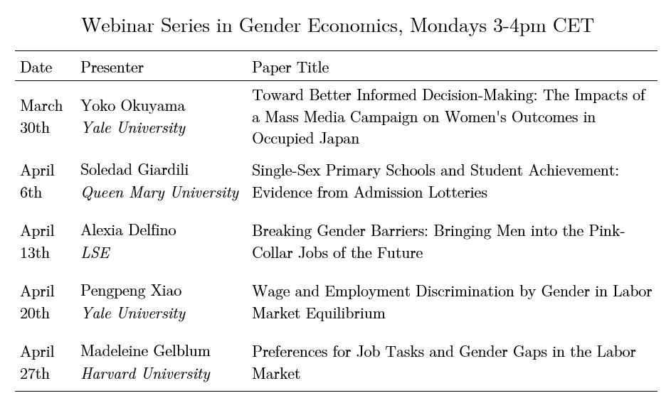 Johanna Rickne (@johannarickne) on Twitter photo New webinar miniseries in Gender Economics! To brighten up your work from home, please join us online for presentations of 2019 job market papers. E-mail olle.folke@statsvet.uu.se for the Zoom weblink. Schedule below and more info at: drive.google.com/file/d/1d8bT2V… New webinar miniseries in Gender Economics! To brighten up your work from home, please join us online for presentations of 2019 job market papers. E-mail olle.folke@statsvet.uu.se for the Zoom weblink. Schedule below and more info at: drive.google.com/file/d/1d8bT2V…