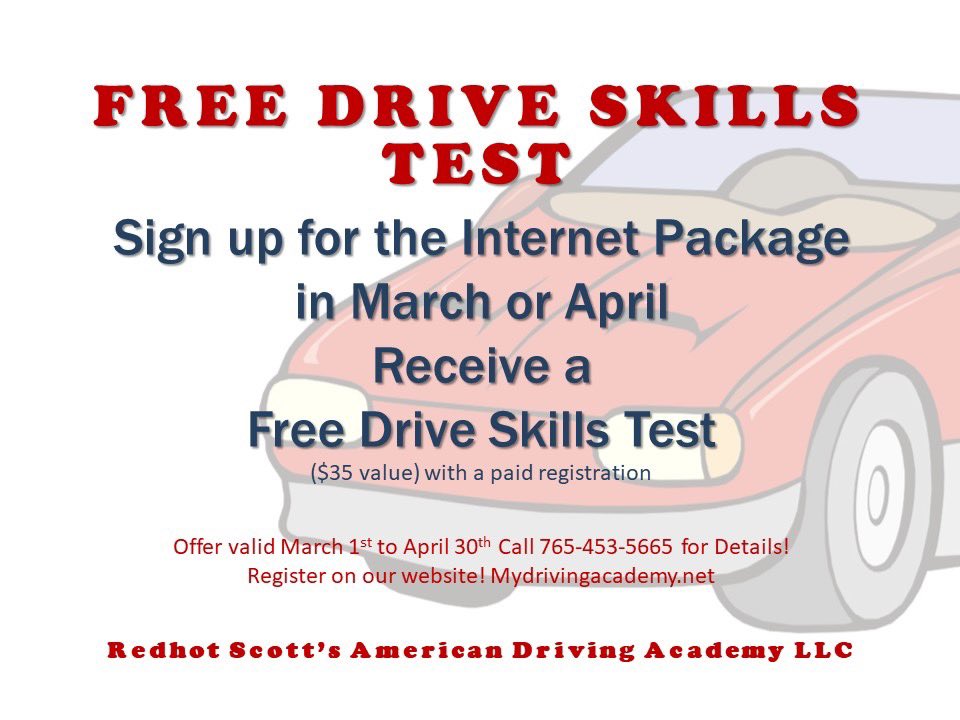 Are you 15 and wanting to start Drivers ed? Sign up for the online course ($350) and get a FREE drive test. Go online to sign up today!