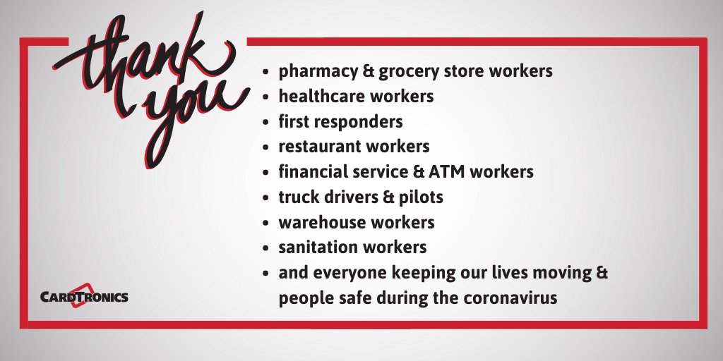 Cardtronics's tweet photo. Thank you to everyone providing essential services & products during this difficult time. We'd like to give a special shout out to all of the men & women of #Cardtronics who are keeping #ATMs operating & available to consumers worldwide. We are all in this together. https://t.co/Dqck0SVFoQ