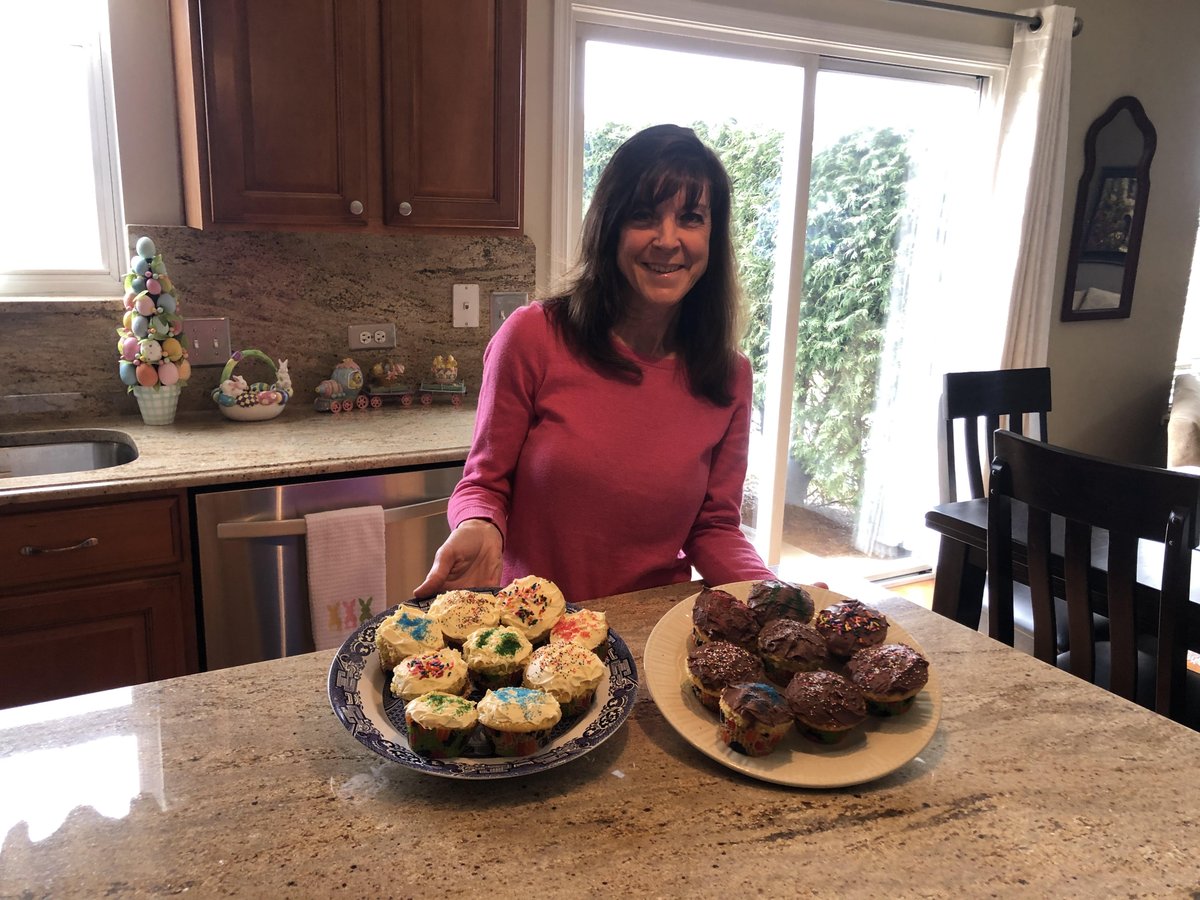 CEMillerSchool's tweet photo. Mrs. Piatek is taking on today's virtual spirit week challenge. Today is Cooking Day. Yum, look at all of delicious cupcakes. #millerinspires #CUSD201PRIDE https://t.co/GraXa9TSXj