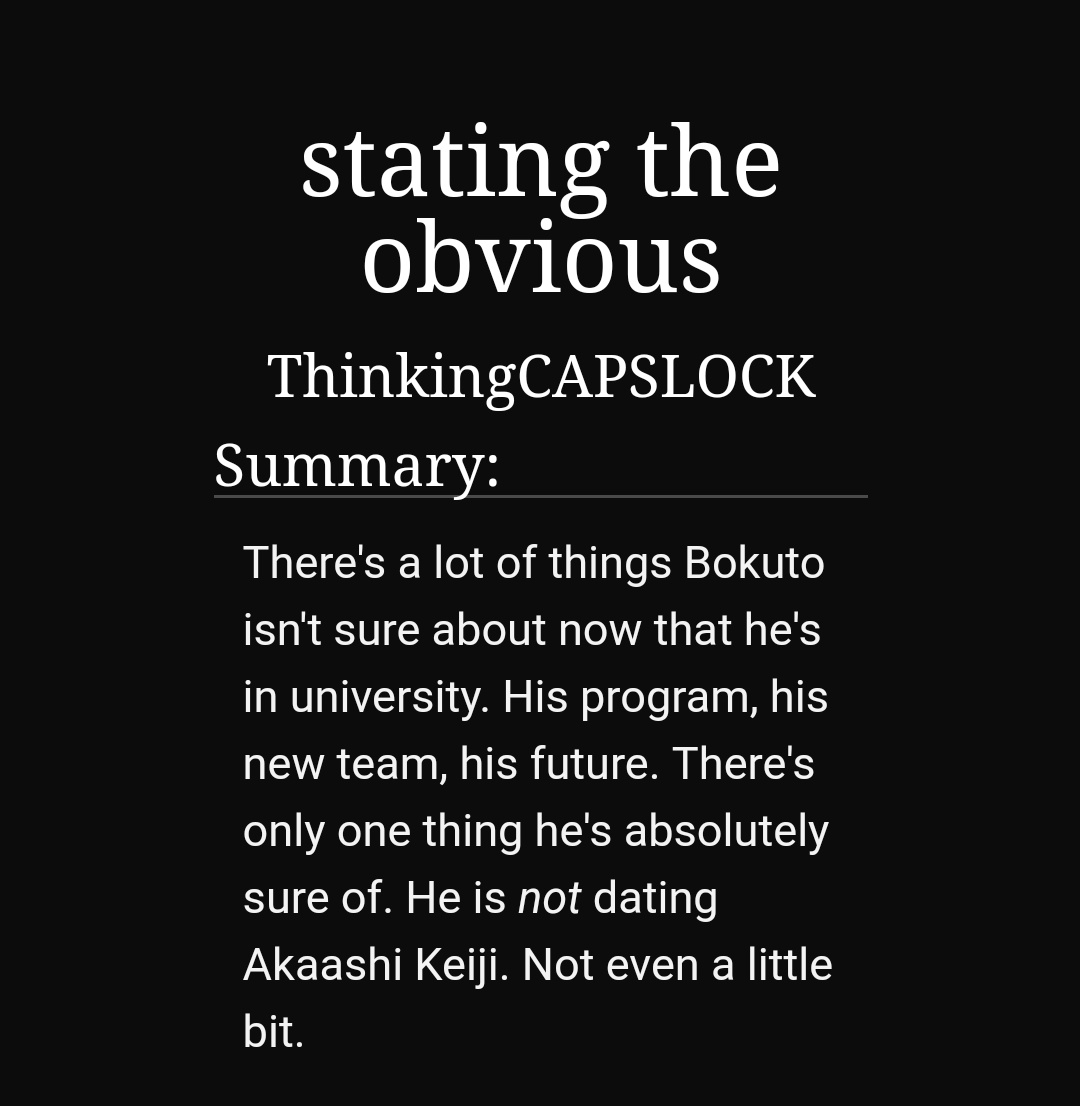 Stating the obvious by thinkingCAPSLOCK https://archiveofourown.org/works/6003922 -1/1-bokuaka-bokuto's sure he's not dating akaashi-everyone knows except him-he's so oblivious it hurts-they're so sweet