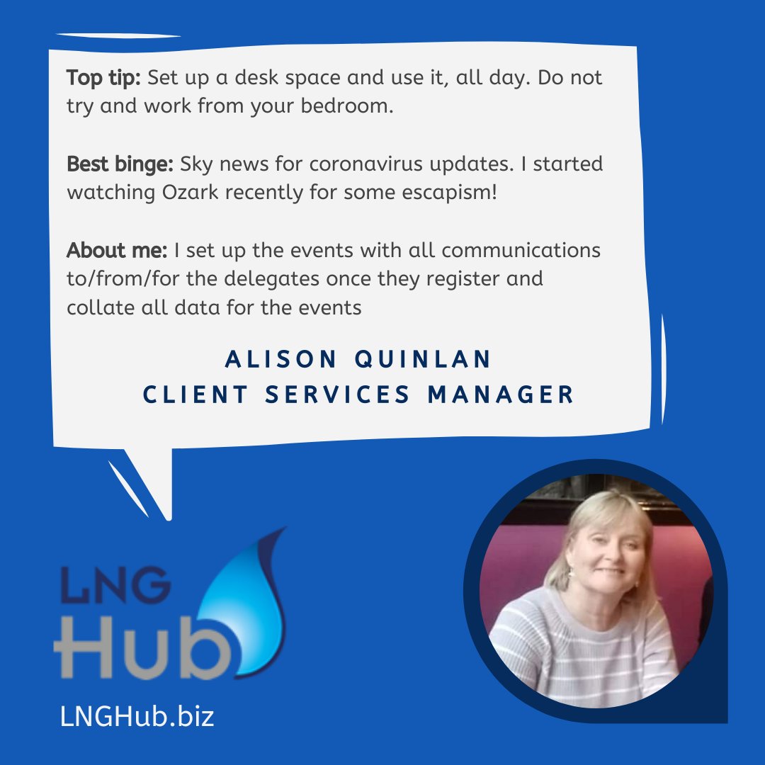 Worldlngevent's tweet image. This week we thought we'd ask our team how they're finding the transition, and get their top tips for working from home. Starting off with Alison, our lovely Client Services Manager. For more tips on staying motivated, check out the #LNGHub lnghub.biz